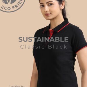 Sustainable Jacquard Polo T-Shirt – Classic Black Red Tipping (Women)